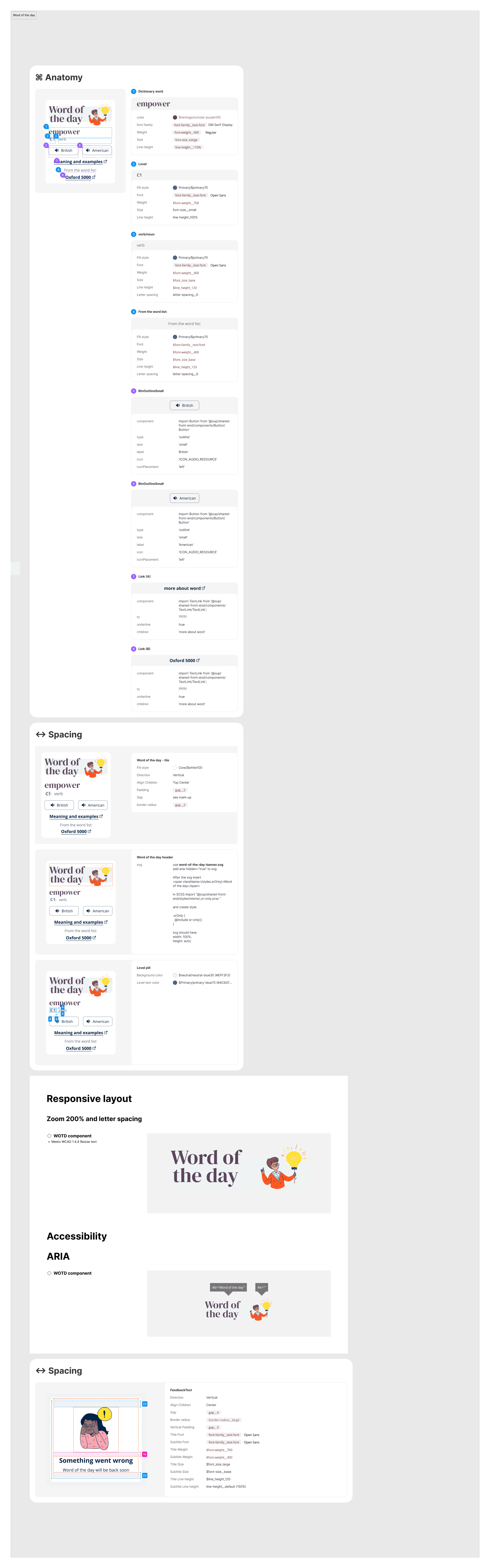 Word of the Day spec — anatomy, spacing, responsive, ARIA, and error states