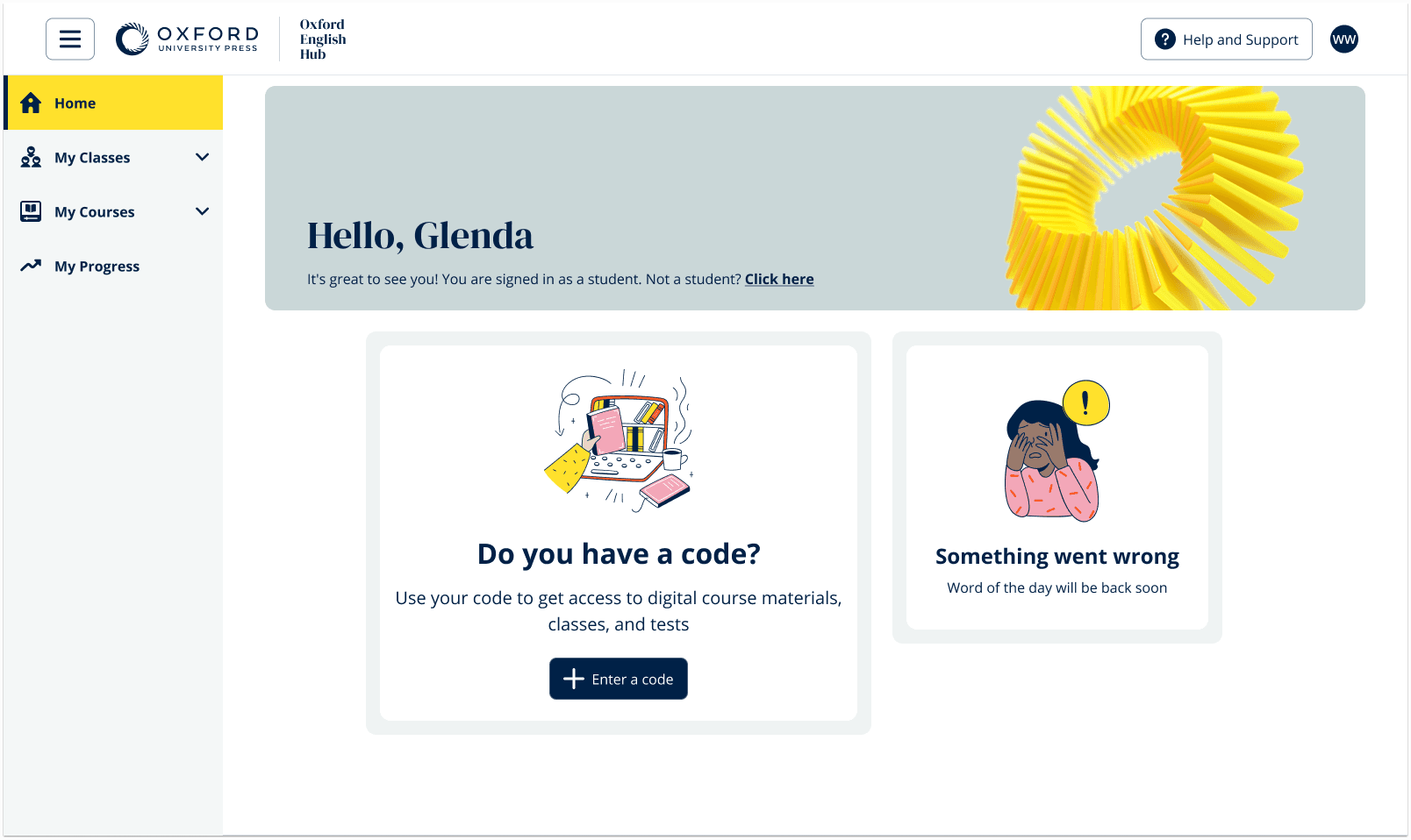 Empty state — no courses, WOTD API error